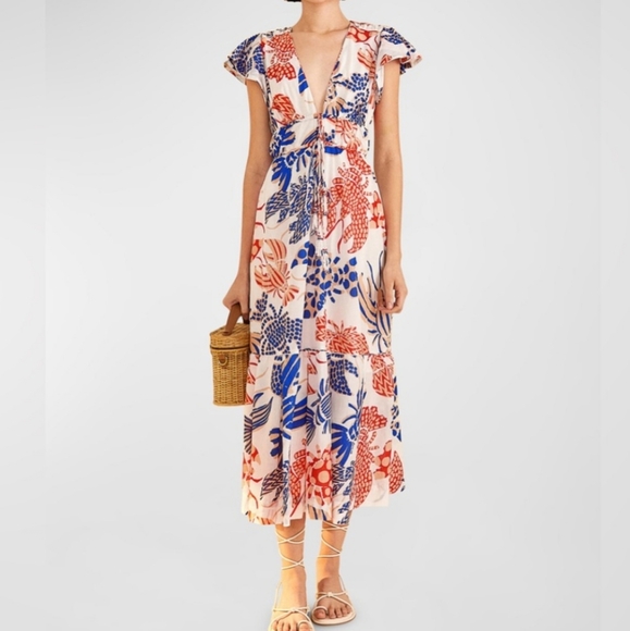 Farm Rio Mixed Lobsters Coral & Blue On Off-white Cap Flutter Sleeve Midi Dress - Picture 2 of 14